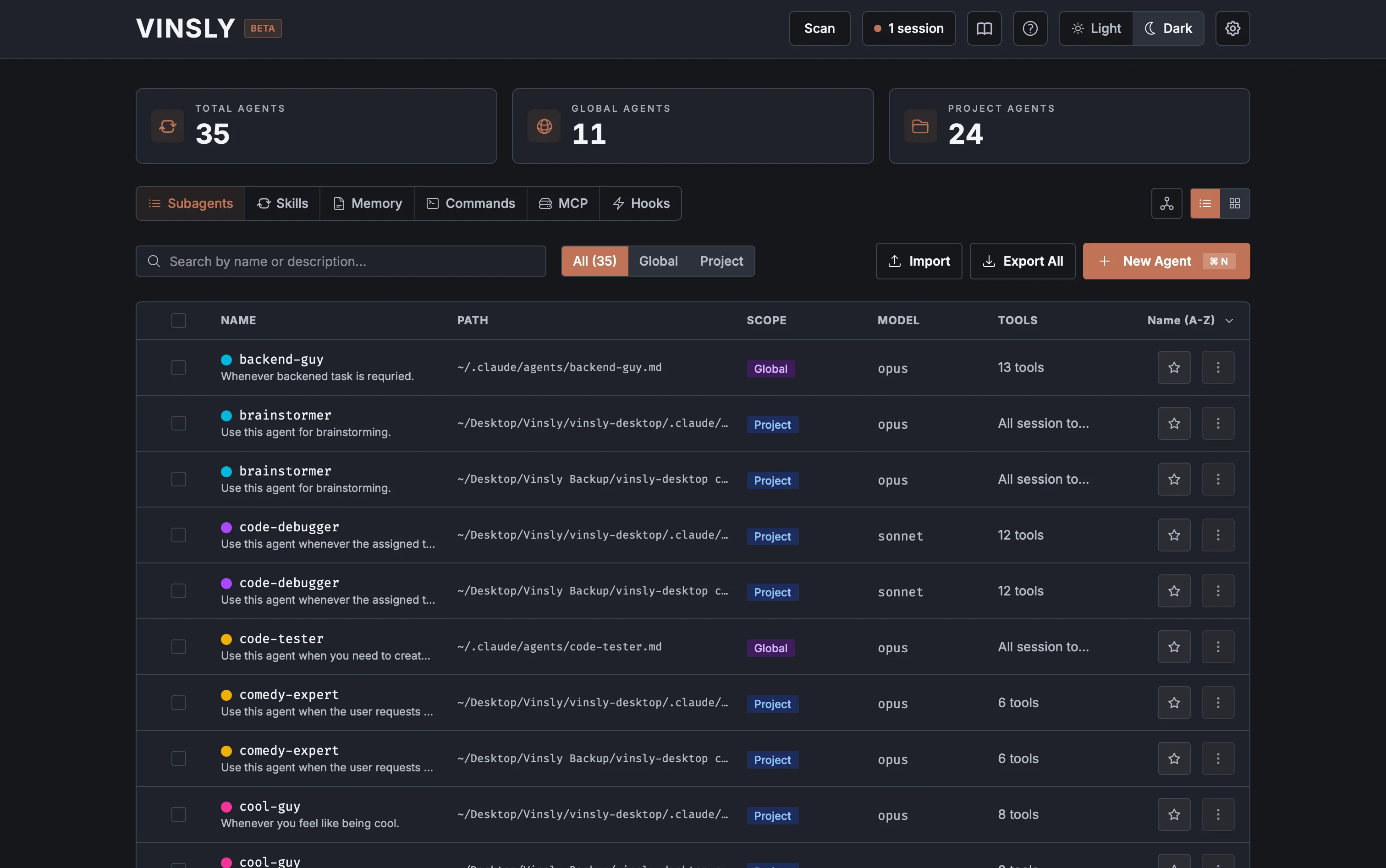 Vinsly desktop app in dark mode showing agent totals and the subagent management list